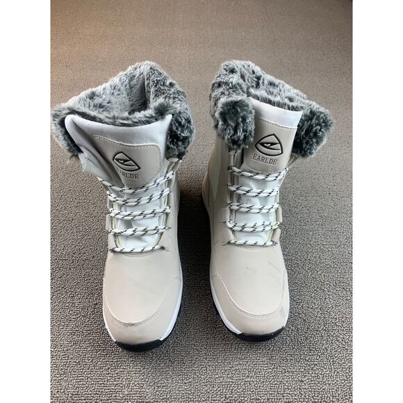 Earlde Women 40 Beige Gray Black Faux Fur Insulated Snow Boots Casual - Picture 3 of 9